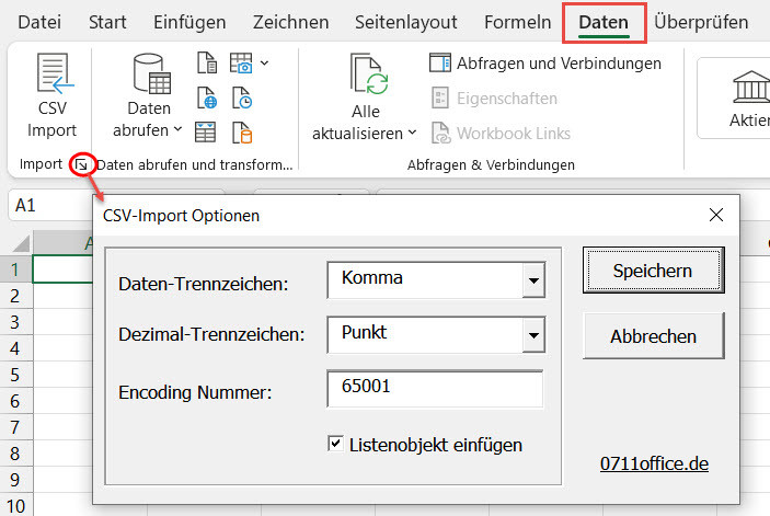 CSV-Import Optionen Dialog